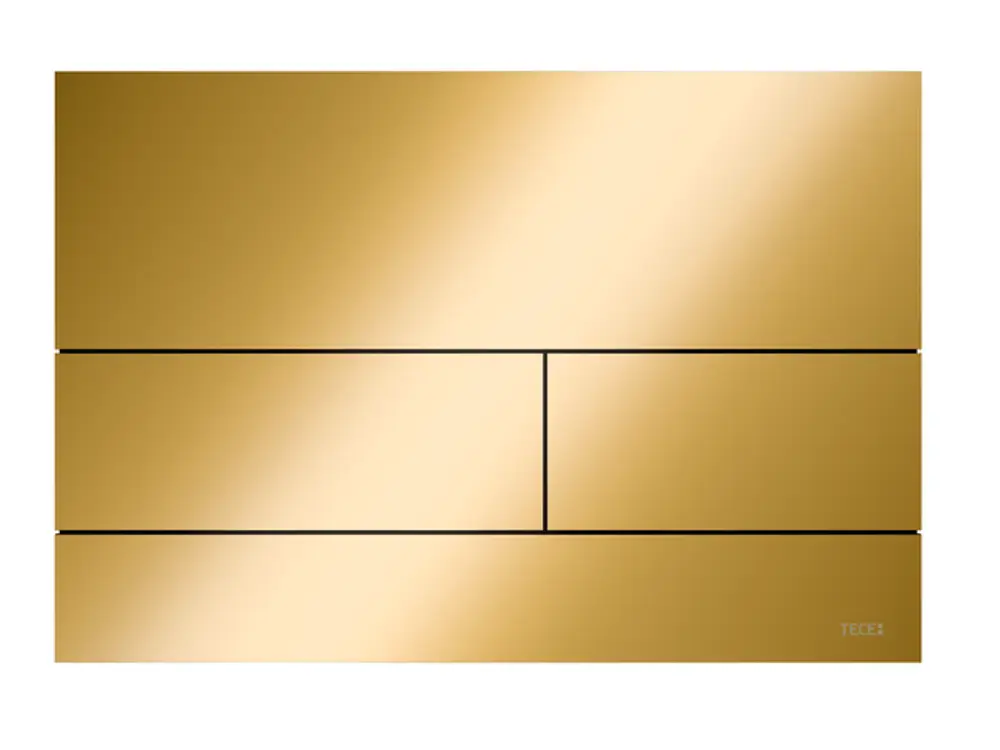 Betätigungsplatte in Gold-Optik mit glatter Oberfläche und zwei Horizontalen, präsentiert von der Marke TECE.